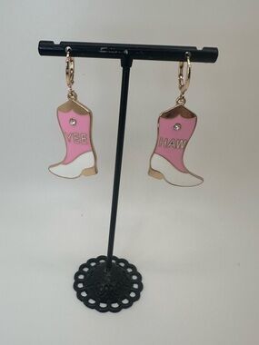 Pink & White 'Yee Haw' Cowboy Boot Earrings